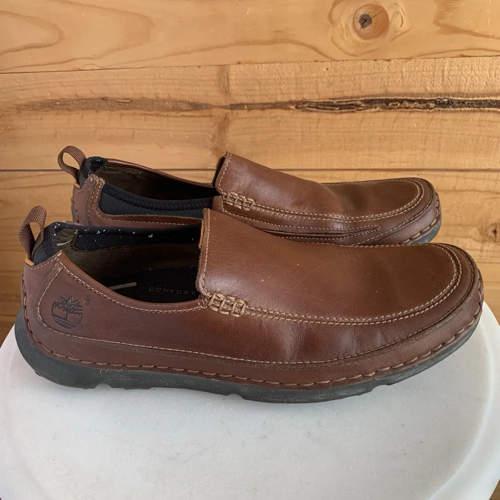 Timberland Comfort Shoes Mens Size 9.5 Brown Leather Slip On Casual Loafers